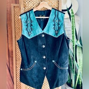 Black Suede Vest with Blue Embroidery vintage